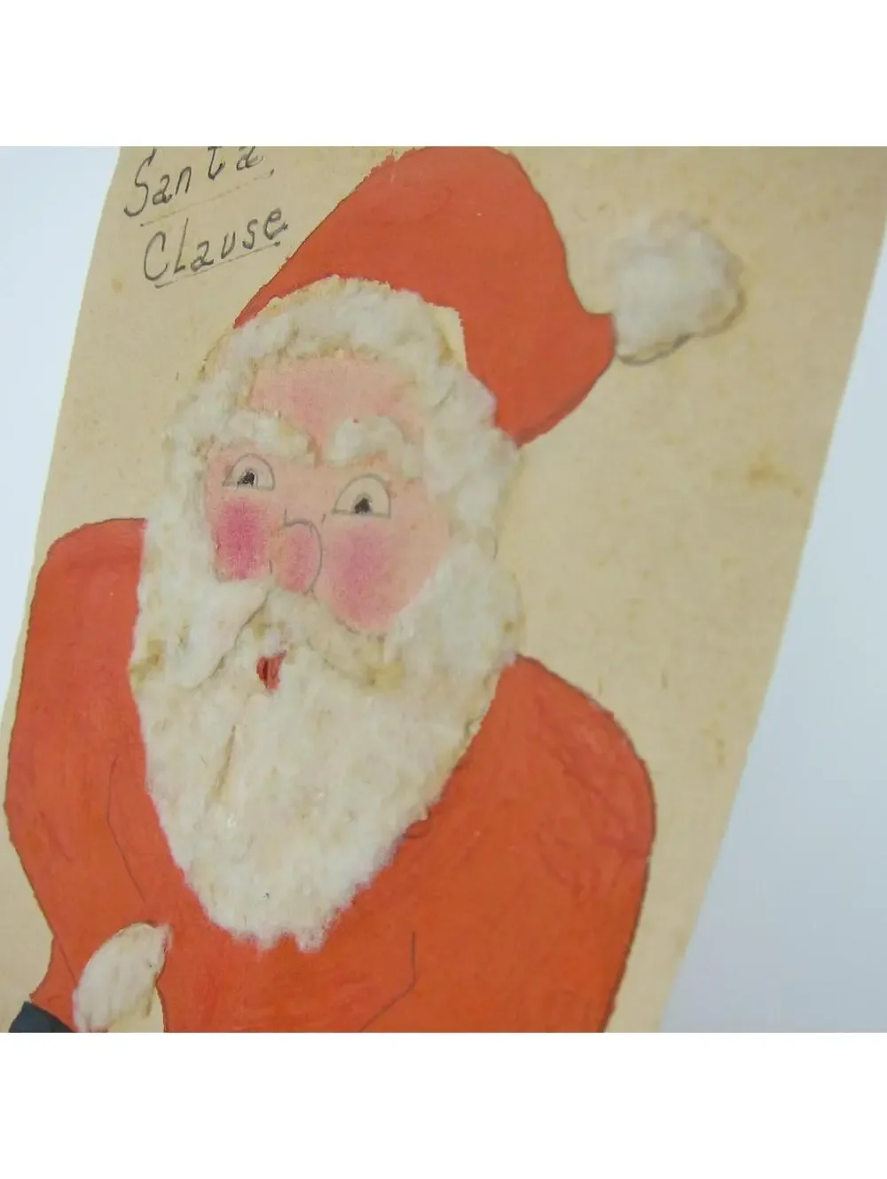 Vintage Christmas Card Handmade Santa Clause Red Suit White Cotton Trim & Hair